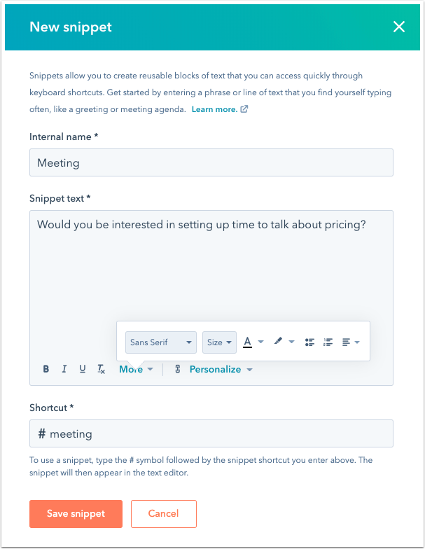 hubspot create snippet 