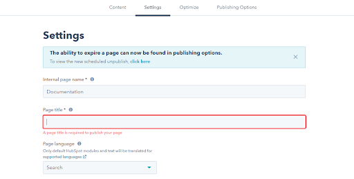 hubspot page settings 