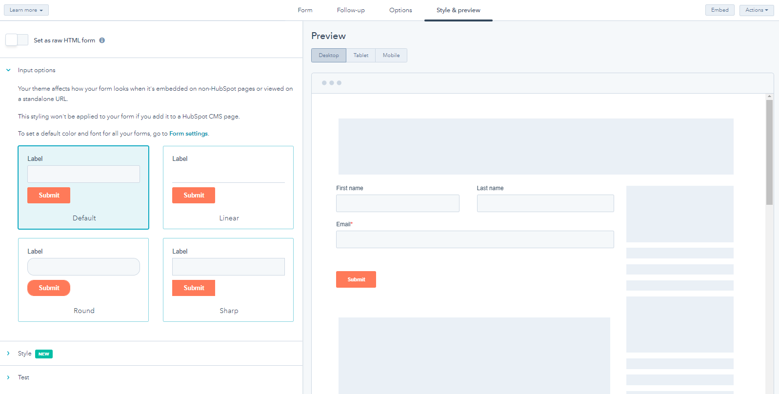 style and preview hubspot forms
