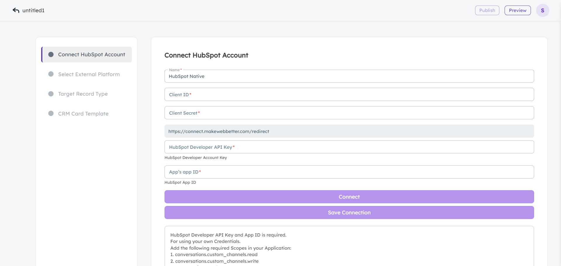 CRM Card Builder-connect hubspot account