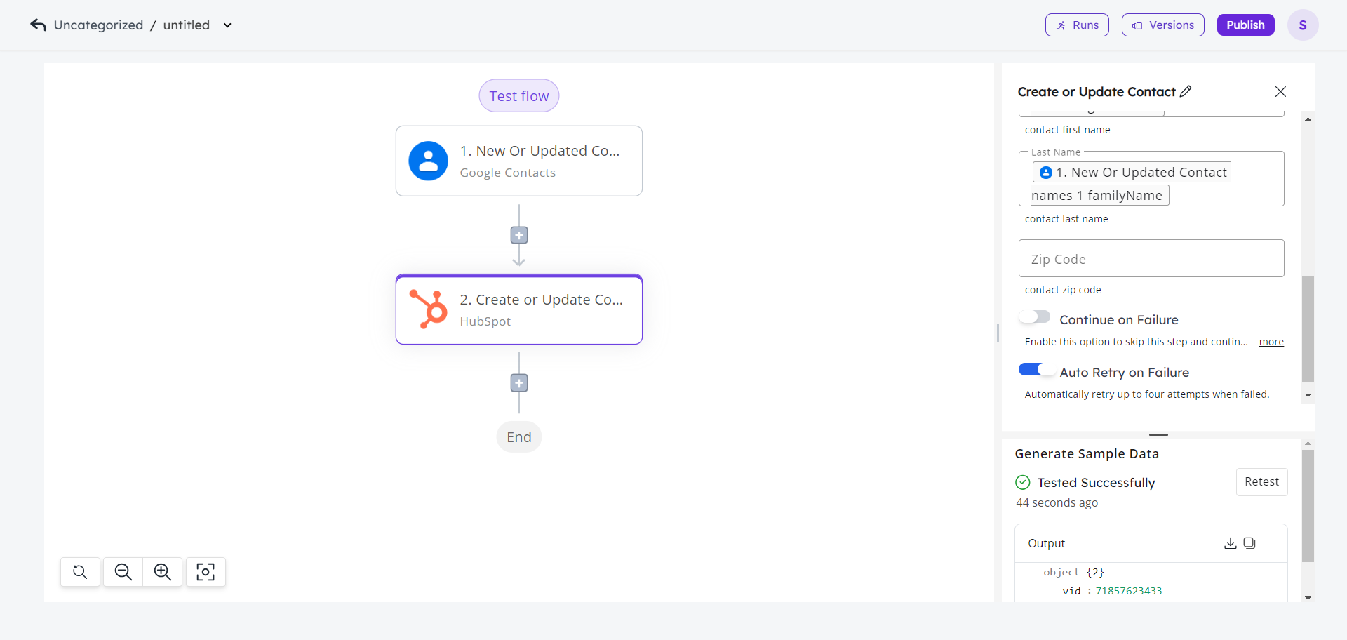 workflow-setup action hubspot - contact data - test