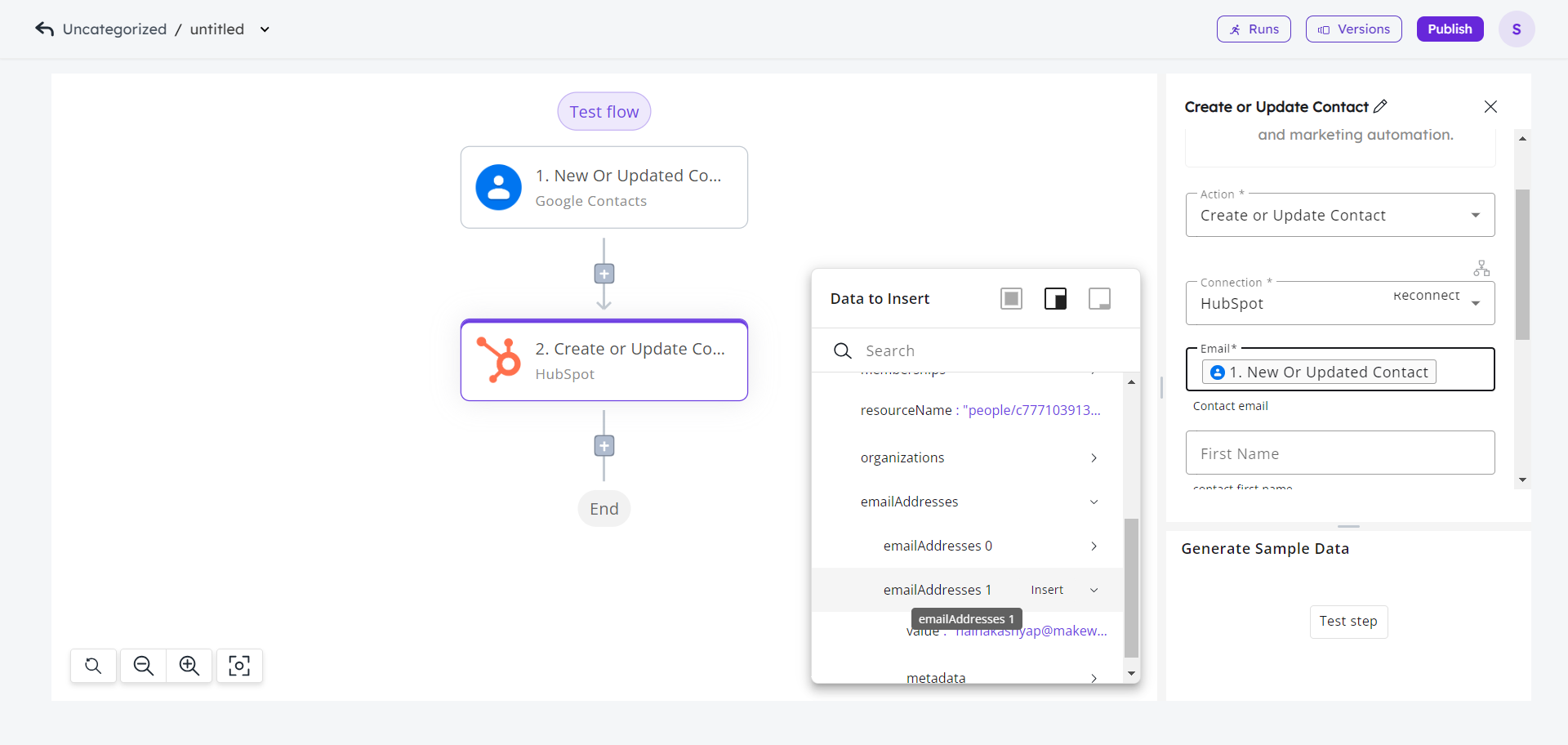 workflow-setup action hubspot - contact data